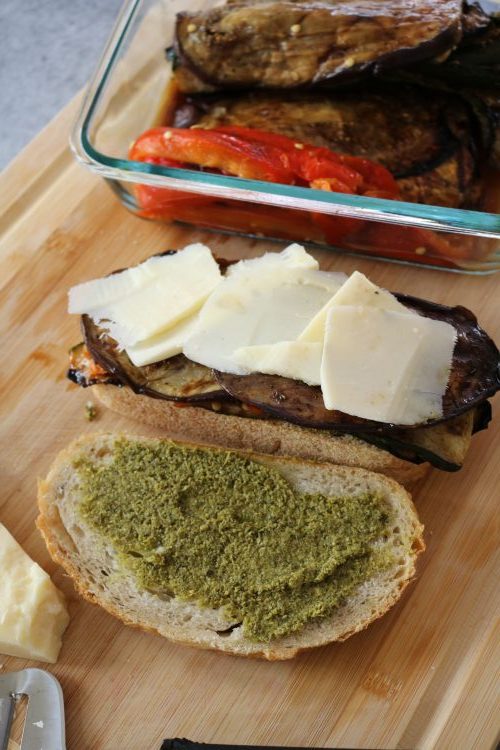 Grilled vegetable sandwich with asiago and pesto