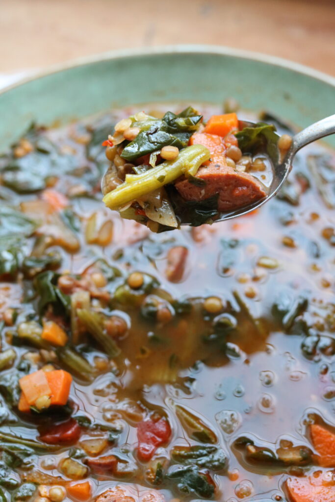 Spoon of Italian Lentil Sausage Soup