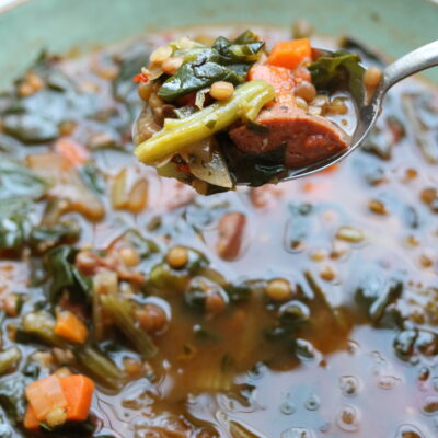 Spoon of Italian Lentil Sausage Soup
