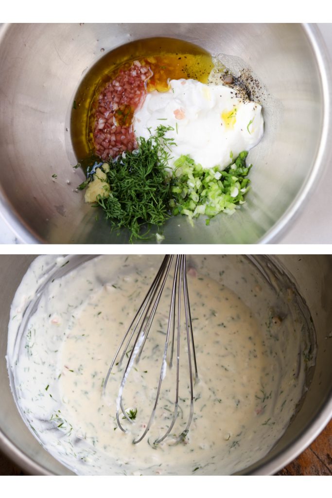 ingredients for yogurt dill dressing in bowl before combining and after