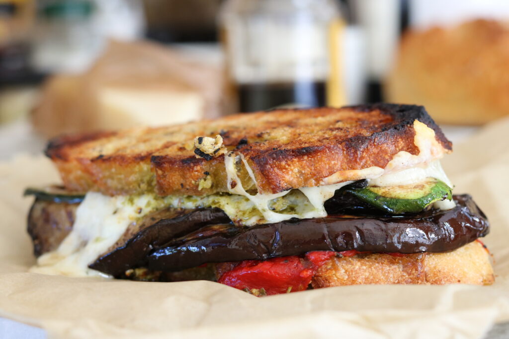 Grilled vegetable sandwich side view