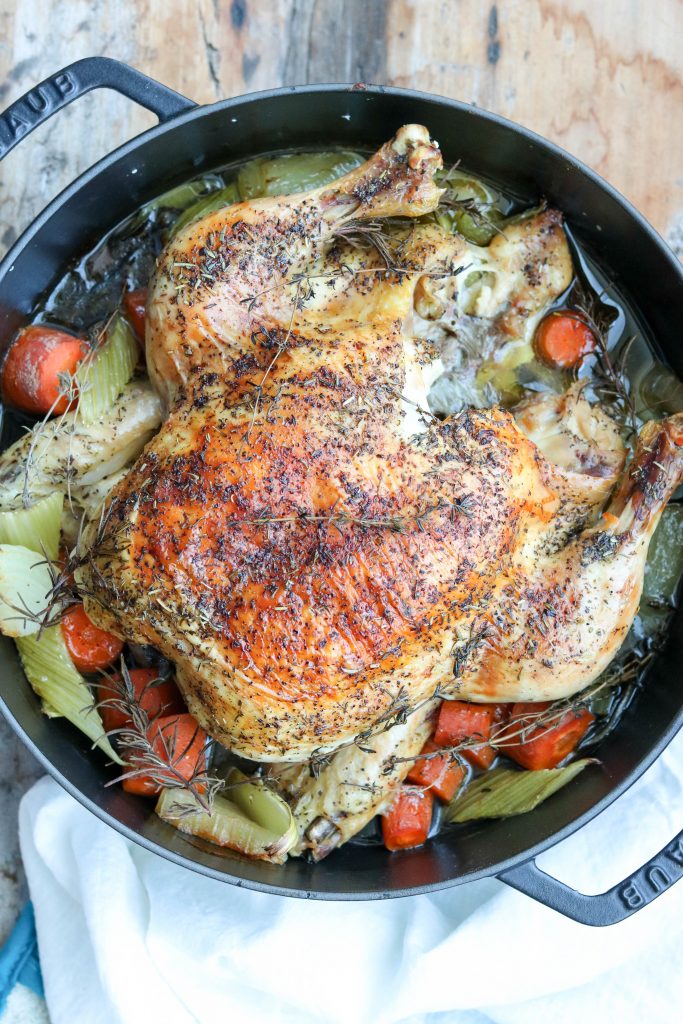 Roast chicken in pan