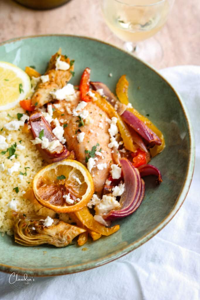 artichoke chicken served with moroccan couscous 