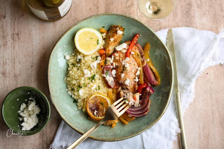 artichoke chicken with moroccan couscous and roasted vegetables
