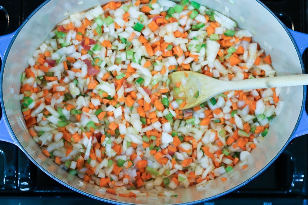 carrots, celery and onion in dutch oven 