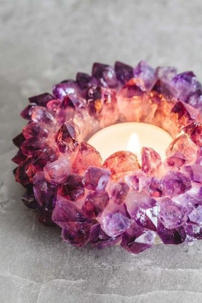 amethyst candle holder with lit candle