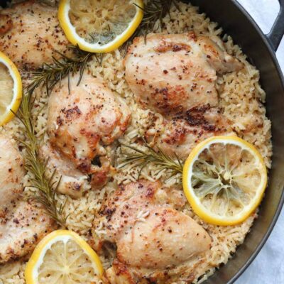 one pan lemon rosemary chicken and rice in pan