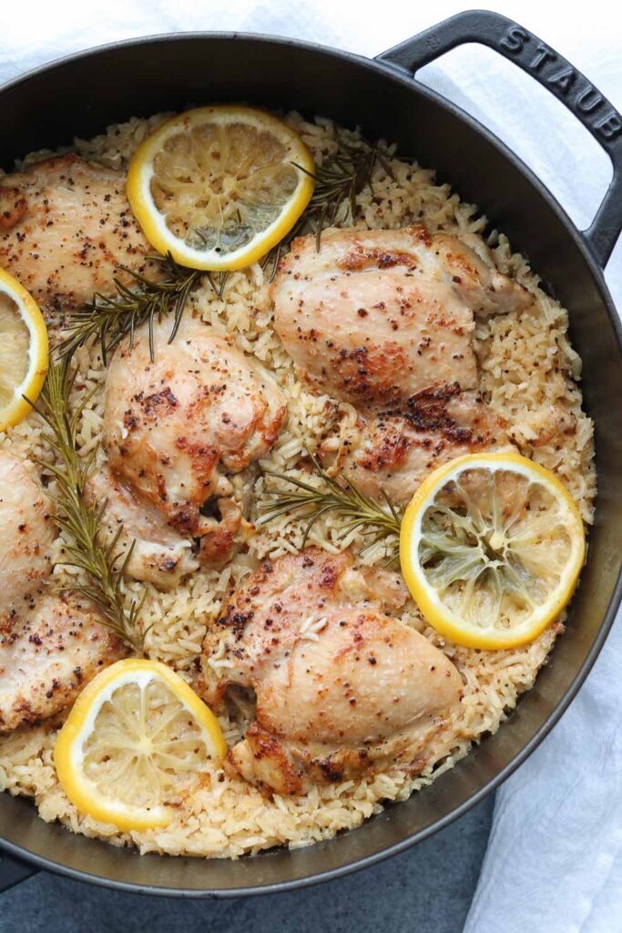 one pan lemon rosemary chicken and rice in pan 