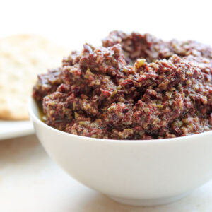 mixed tapenade in white bowl square