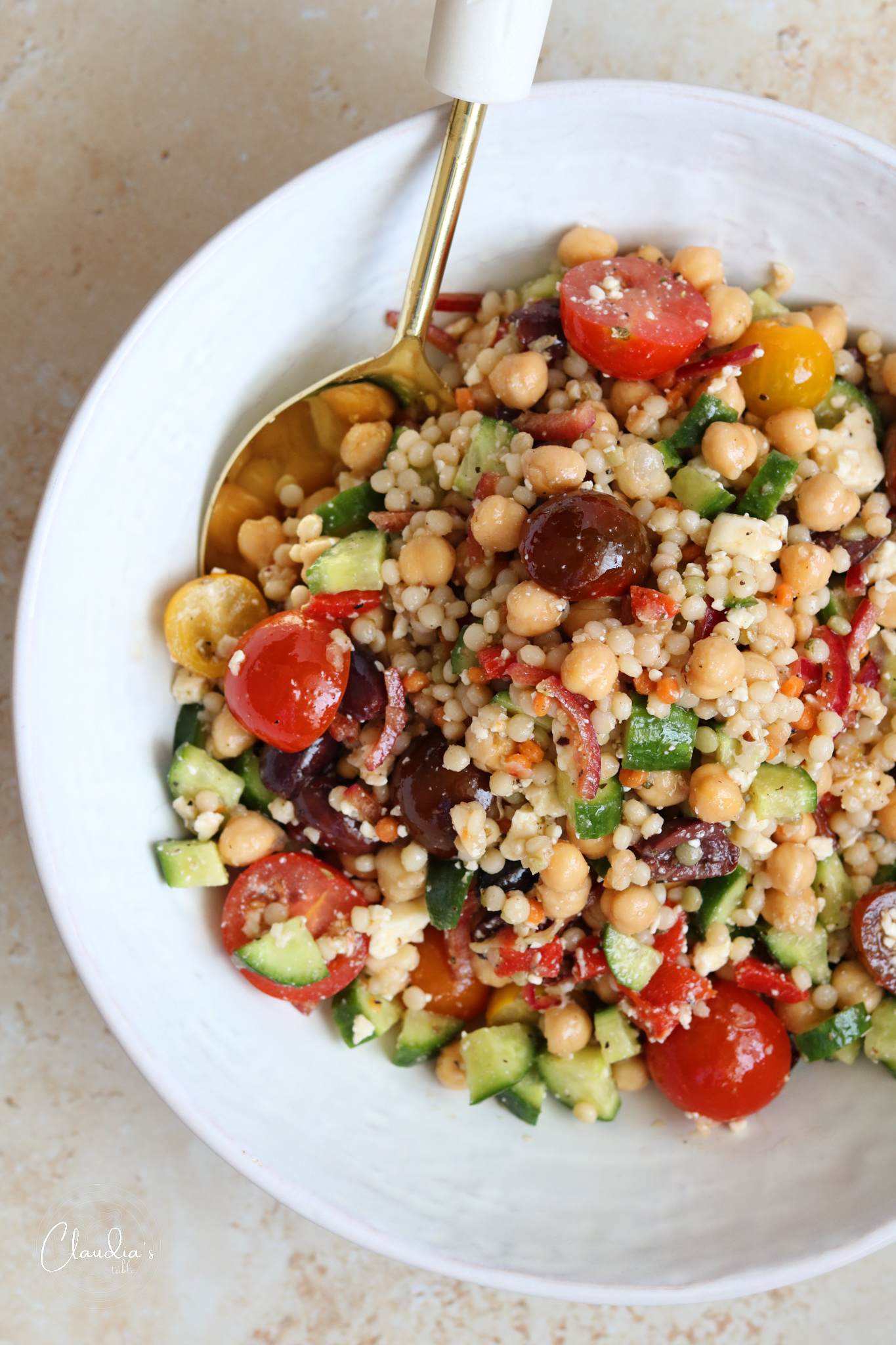 Pearl Couscous salad with Feta & Chickpeas Claudia's Table