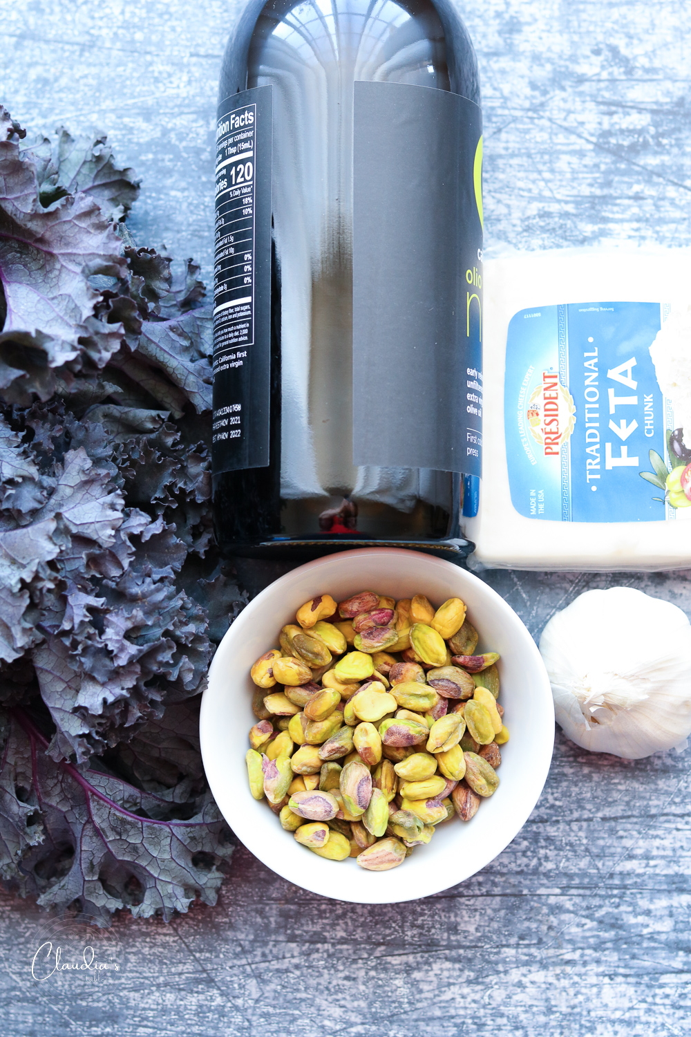 ingredients for kale pistachio feta pesto