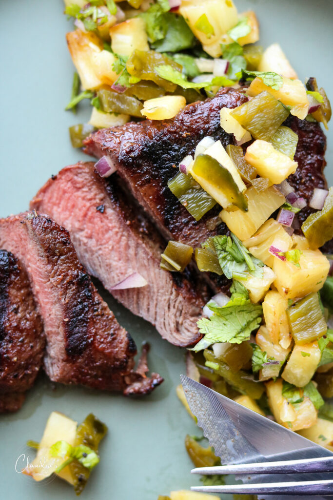 ancho Chile rubbed steak with grilled pineapple salsa 