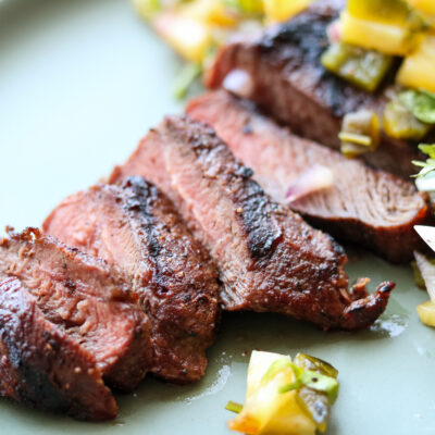ancho chili rubbed steak with grilled pineapple salsa