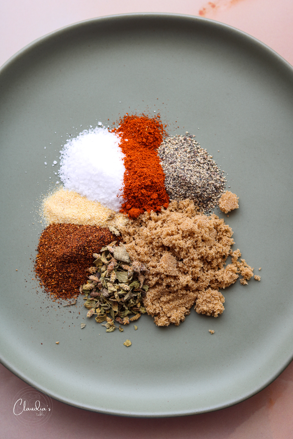 ancho Chile rub ingredients on green plate 