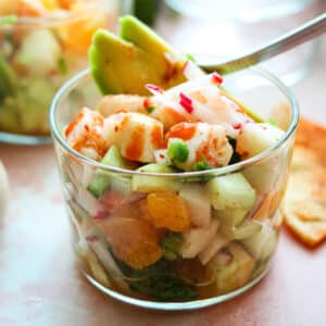 shrimp avocado salad in small clear bowl