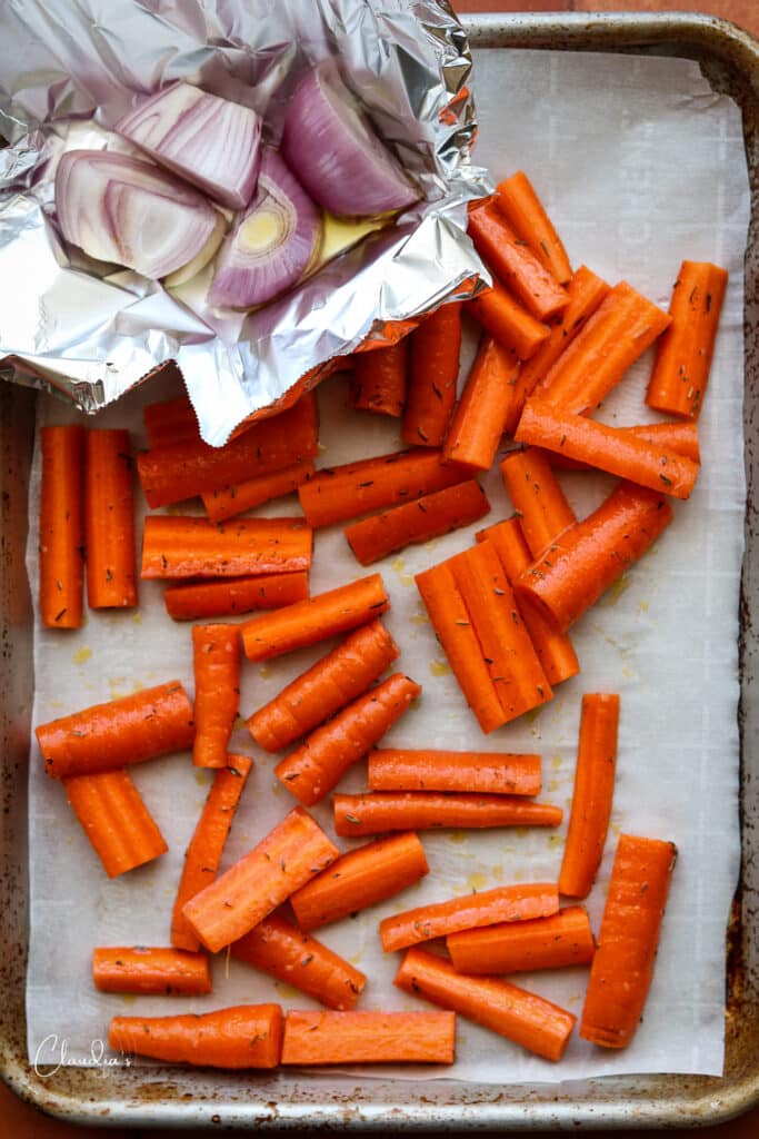 carrots and shallots on sheet pan