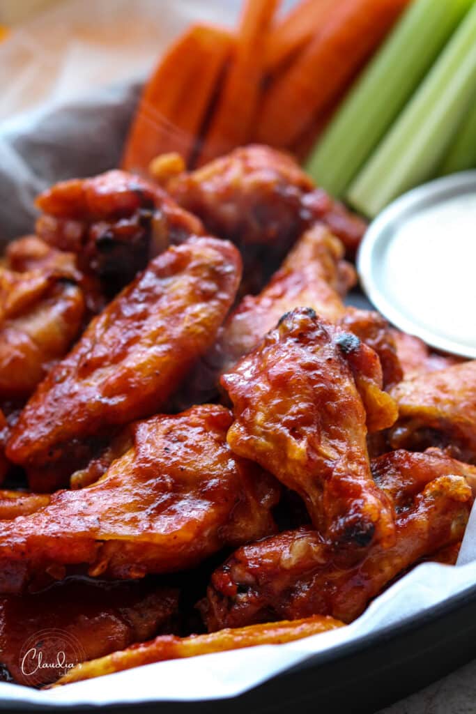 close up of baked beer bbq chicken wings