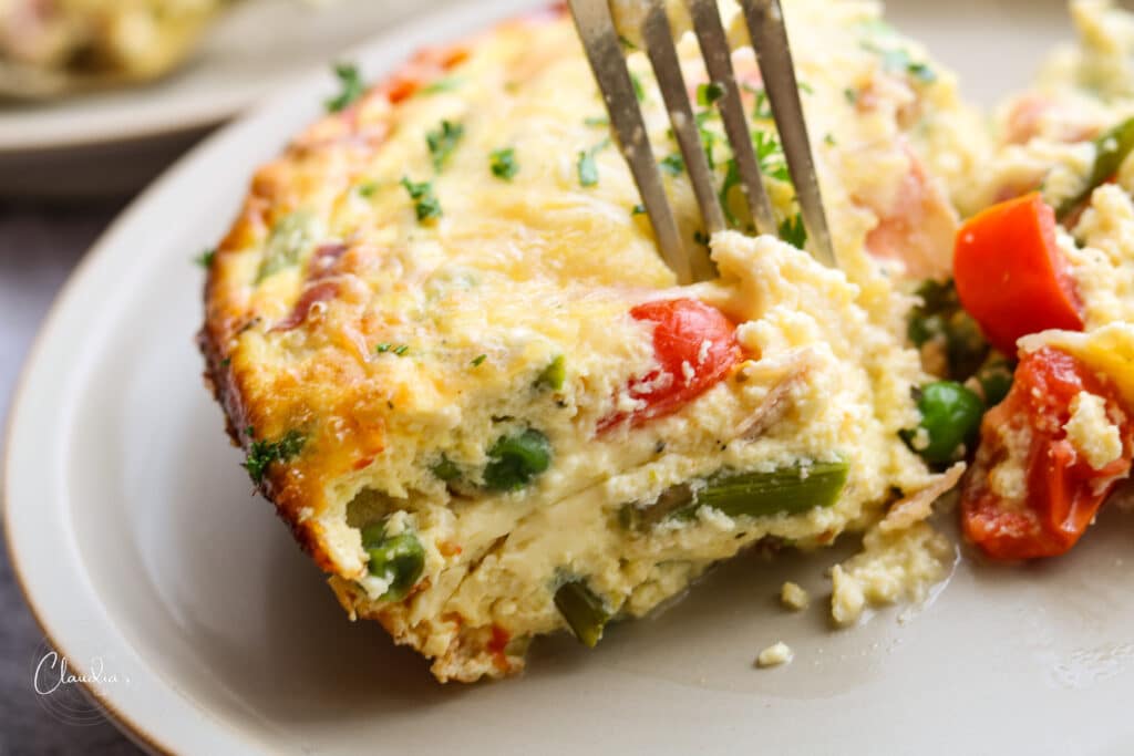 close up of frittata with asparagus ricotta and prosciutto 