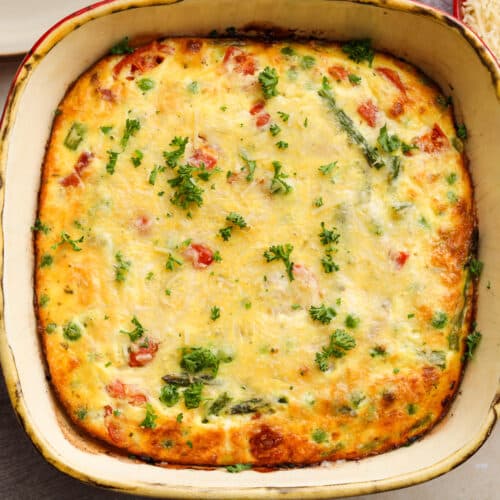 horizontal image of frittata with asparagus ricotta and prosciutto