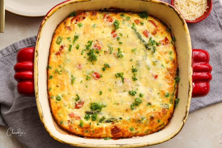 horizontal image of frittata with asparagus ricotta and prosciutto