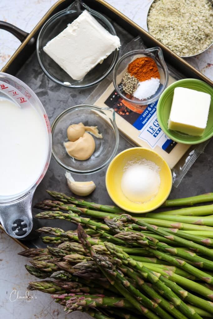 ingredients for baked asparagus with gruyere sauce