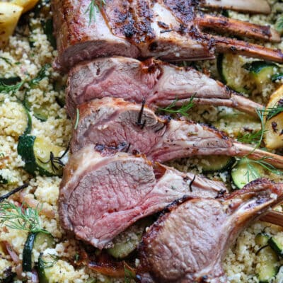 horizontal image of rack of lamb with couscous