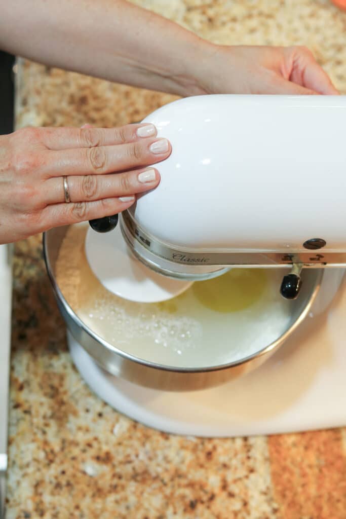 pizza dough ingredients in kitchenmaid stand mixer 
