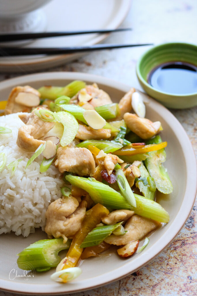 close up of easy almond chinese stir fry 