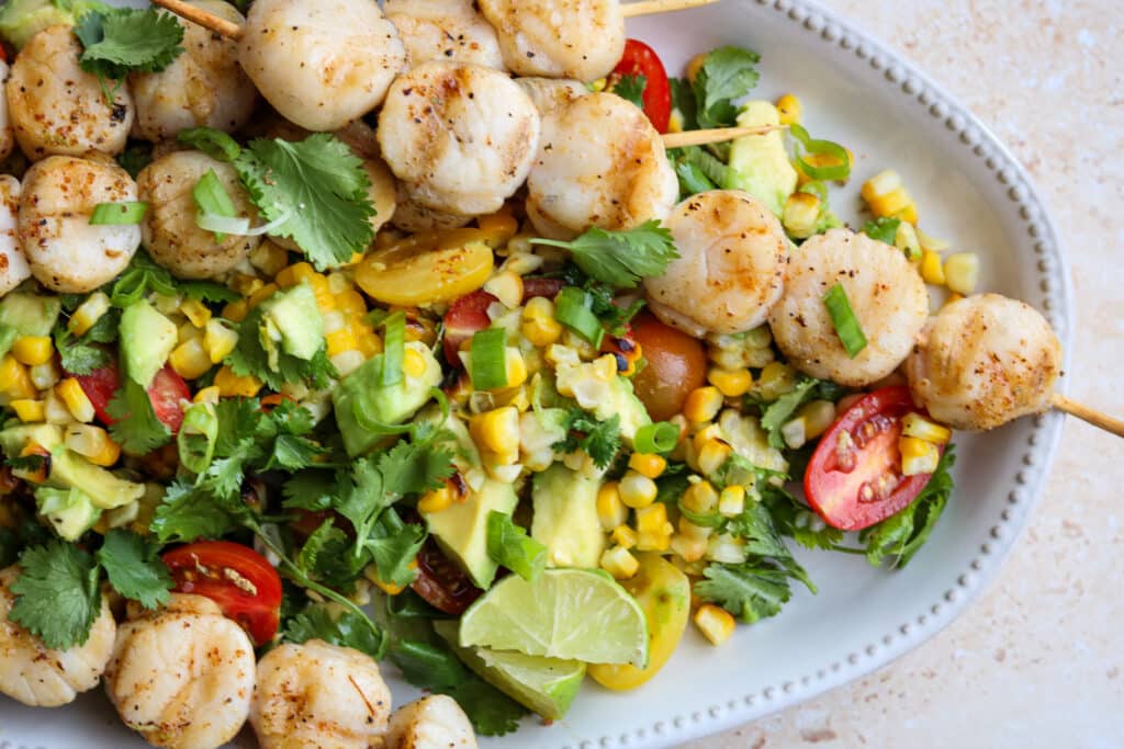 spicy grilled scallops with corn and avocado salad