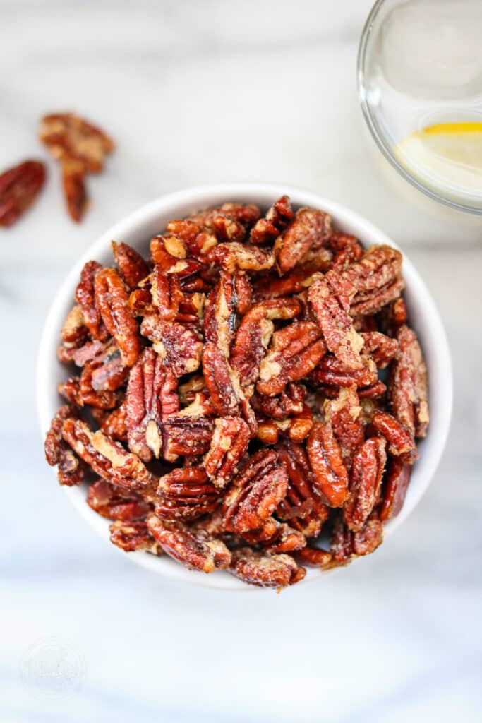 top view of maple candied spiced pecans 