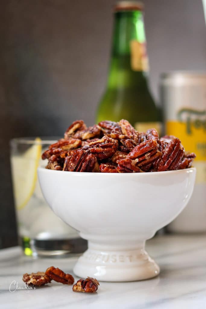 maple candied spiced pecans with drinks 