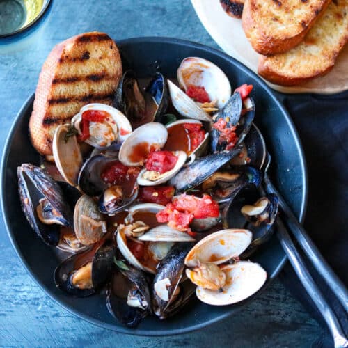mussels and clams in tomato broth