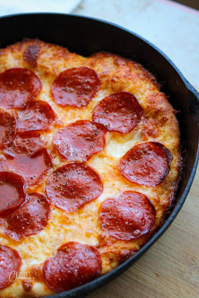 pan pizza in cast iron pan 