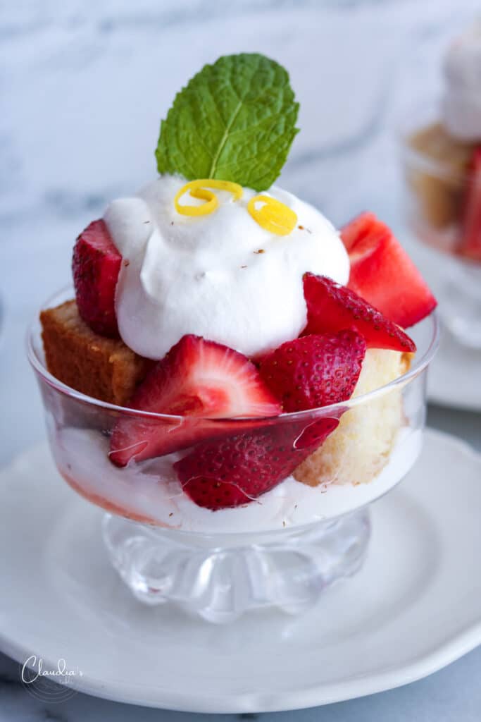 limoncello strawberries with whipped cream and layered with poundcake 