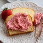 square image of roasted strawberry butter on pound cake
