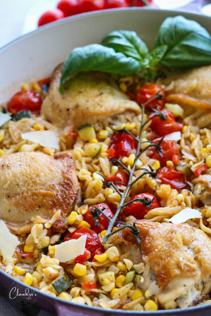 side view of chicken and orzo 
