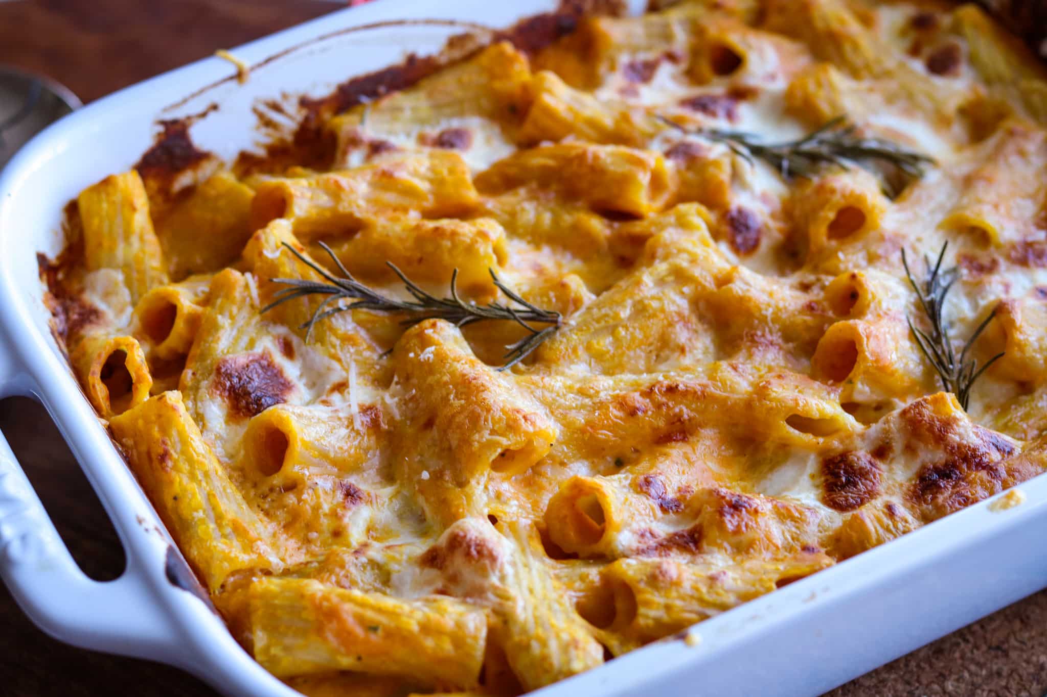 Baked Rigatoni with pumpkin cream sauce baked until golden