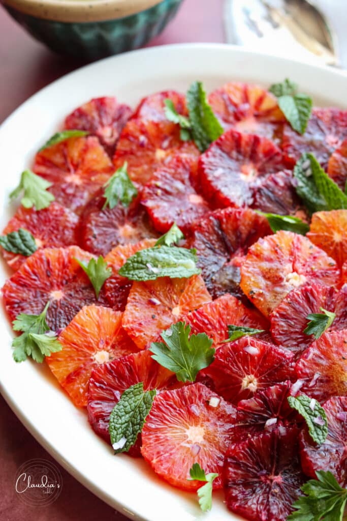 Blood orange salad with herbs and red onion. 