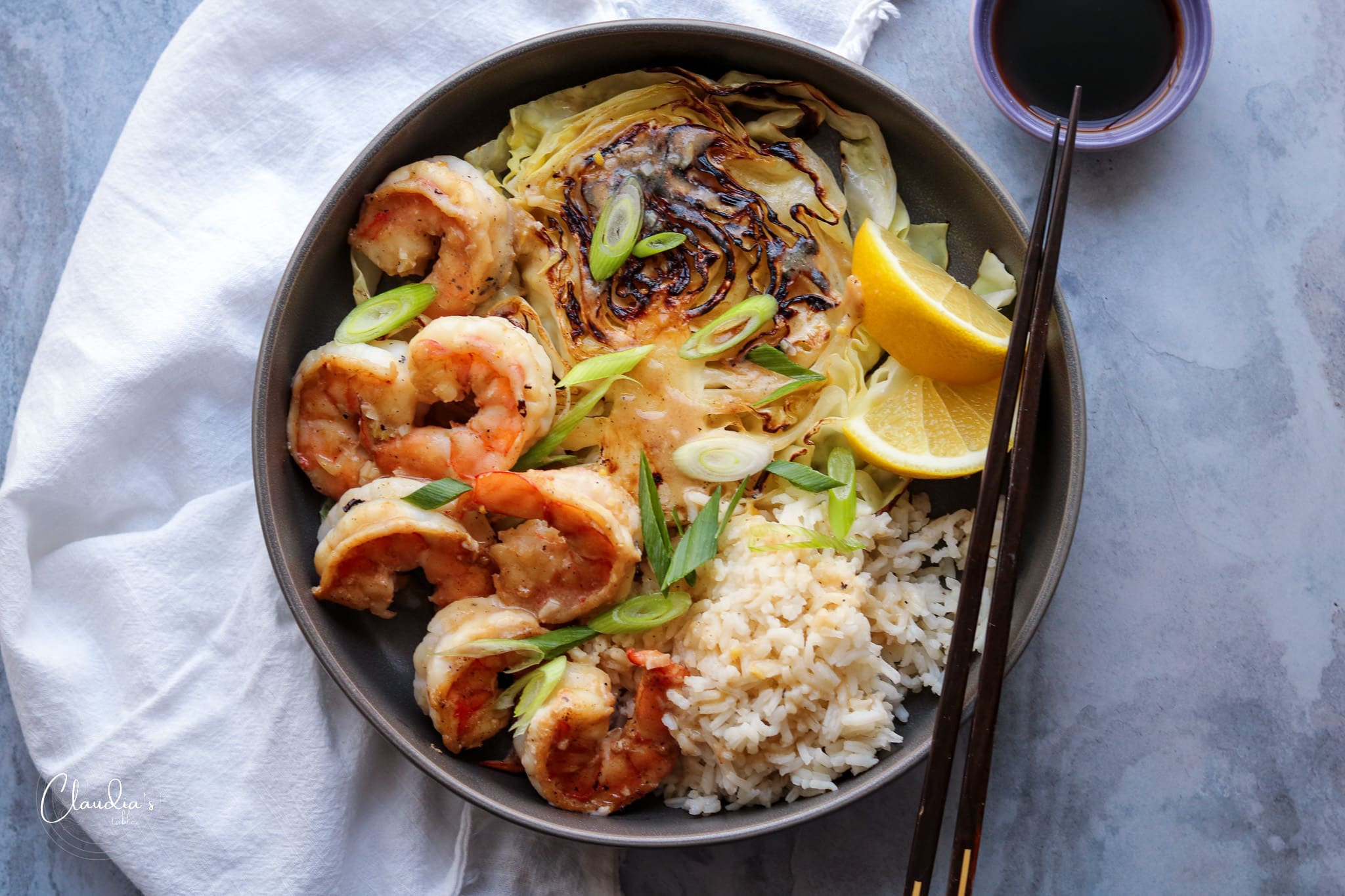 miso shrimp on gray plate with chopsticks