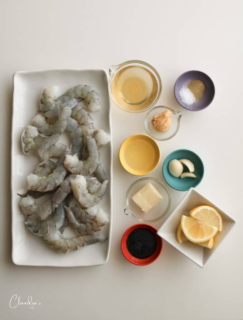 miso butter shrimp ingredients on white background 