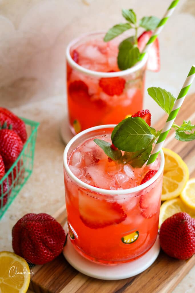 strawberry lemonade garnished with mint 