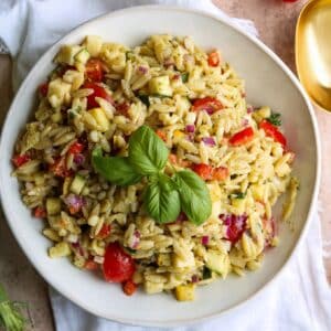 orzo pesto pasta salad with summer veggies