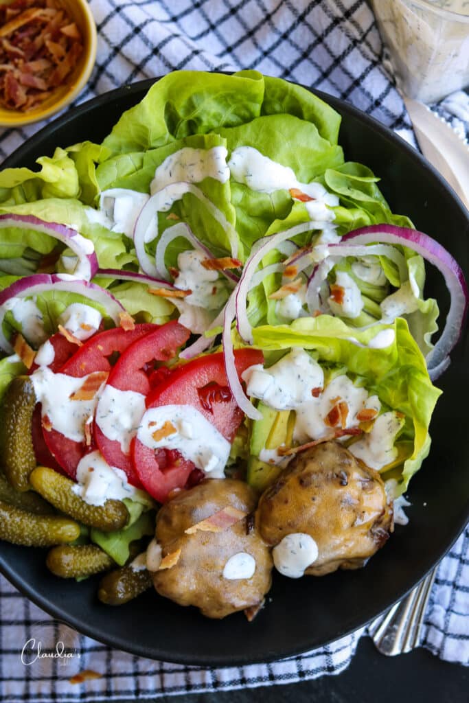 Cheeseburger salad with Spicy dill pickle ranch dressing