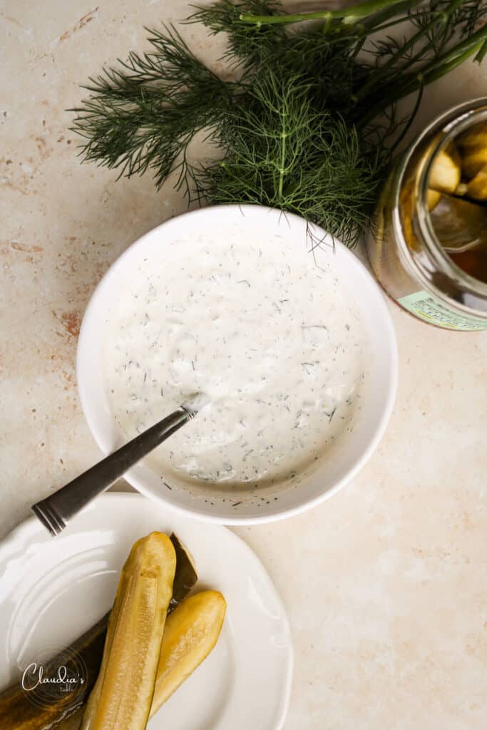 top view of dill pickle ranch dressing or dip 