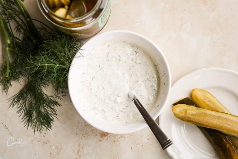 horizontal top view of spicy dill pickle ranch dressing