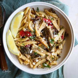 close up pasta with feta and grilled vegetables