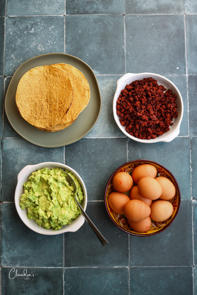 basic ingredients like tostadas, cooked Mexican chorizo, avocado and eggs. 