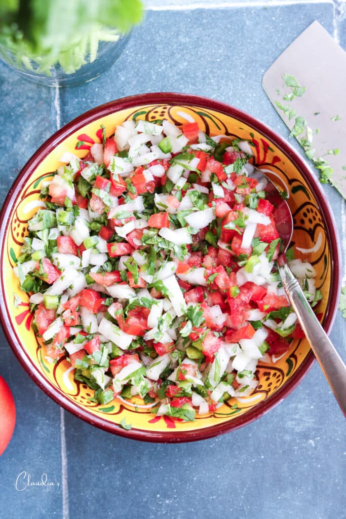 fresh pico de gallo in colorful bowl 