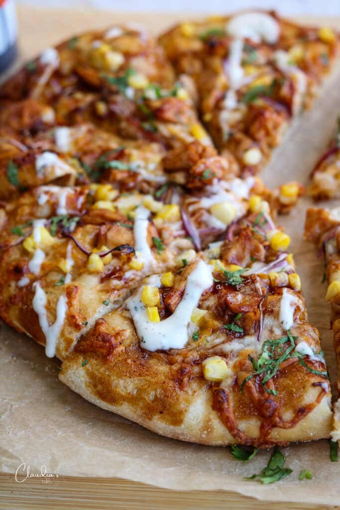 close up of bbq chicken pizza 