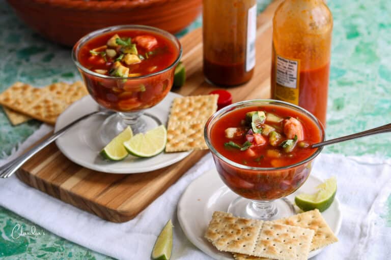 horizontal image of Mexican shrimp cocktail.